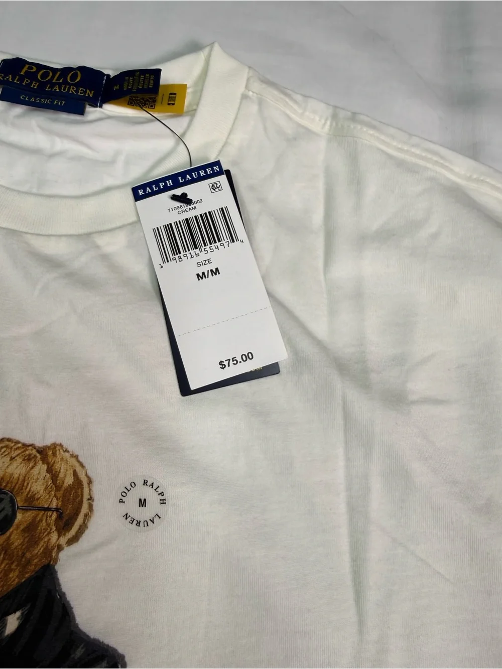 Polo Ralph Lauren Polo Bear T Shirt Cream White Size Medium 100% Cotton